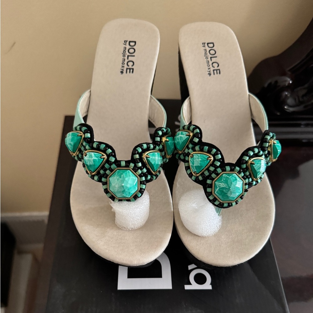 Dolce by Mojo Moxy Green and Black Platform Wedge Heel Sandal